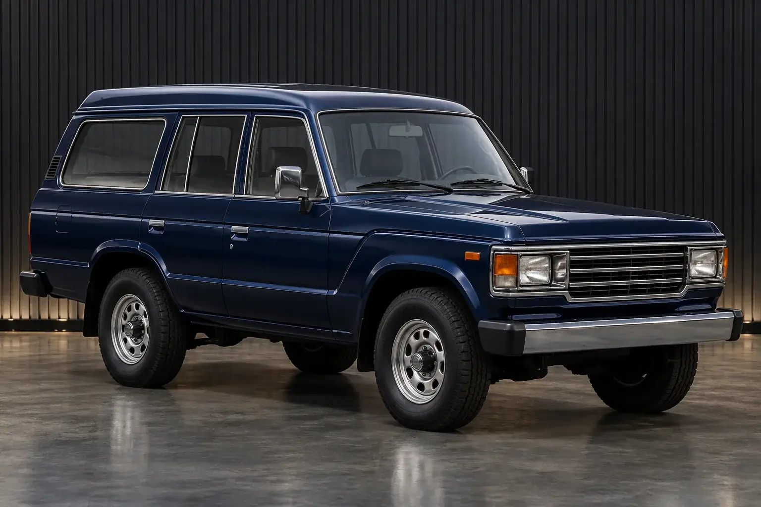 Dark blue Toyota Land Cruiser 60 Series wagon, front three-quarter view illustration