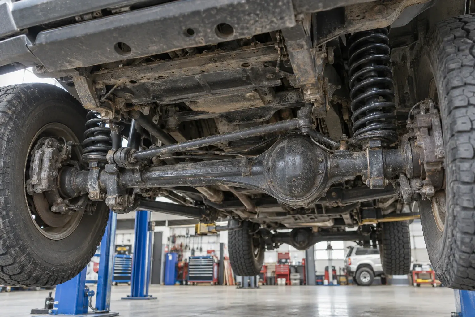 Land Cruiser 80 Series FZJ80, HDJ80 and HDJ81 wagon in a workshop for mechanical inspection