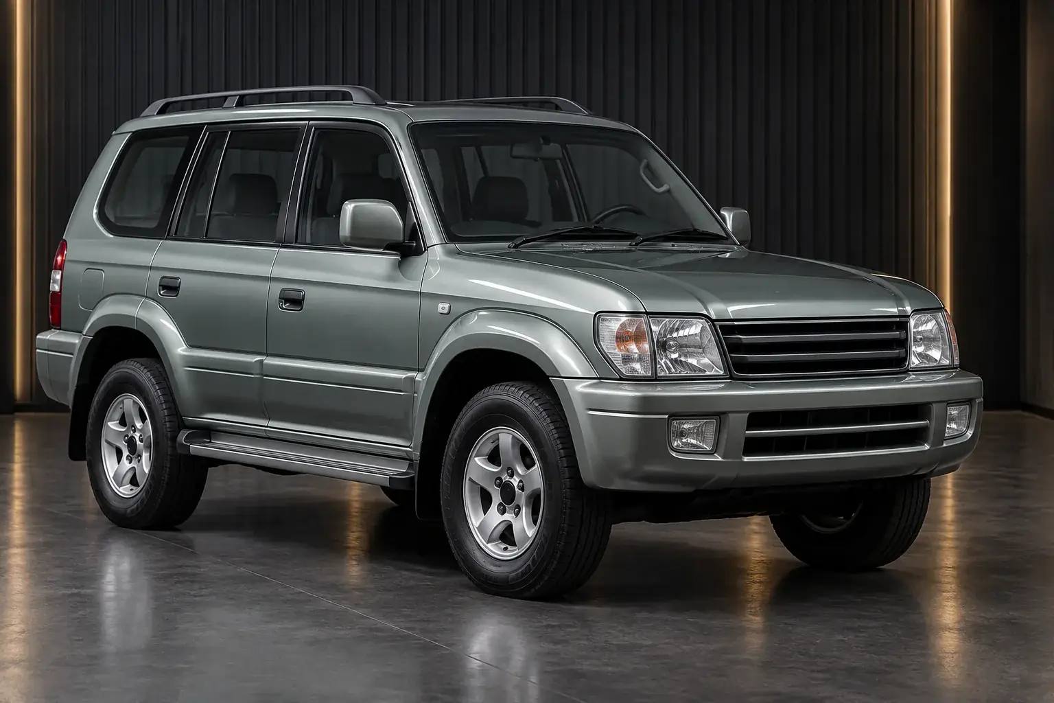 Grey-green Toyota Land Cruiser Prado 90 wagon, front three-quarter view illustration