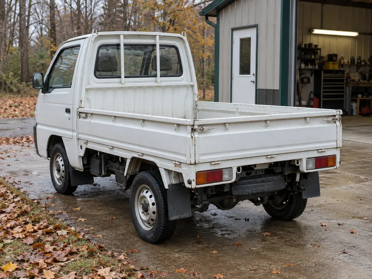 White Japanese kei truck viewed from the rear beside a workshop for condition review