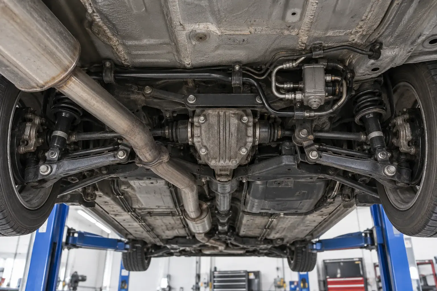 Rear AWD differential, hydraulic hardware and suspension inspection beneath a rally sedan