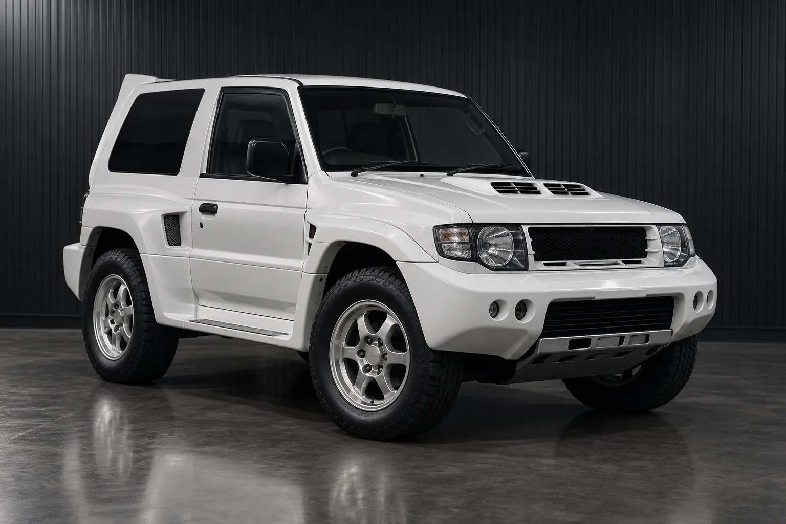 White Mitsubishi Pajero Evolution wide-body SUV, front three-quarter view illustration