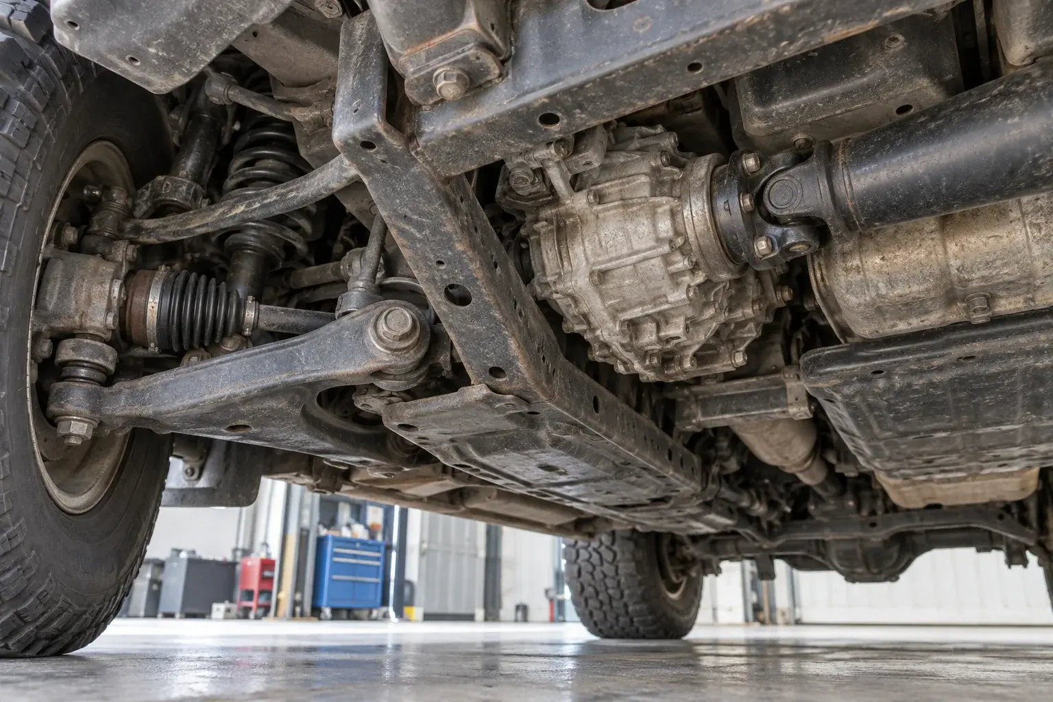 Pajero-style four-wheel-drive front suspension and transfer-case inspection