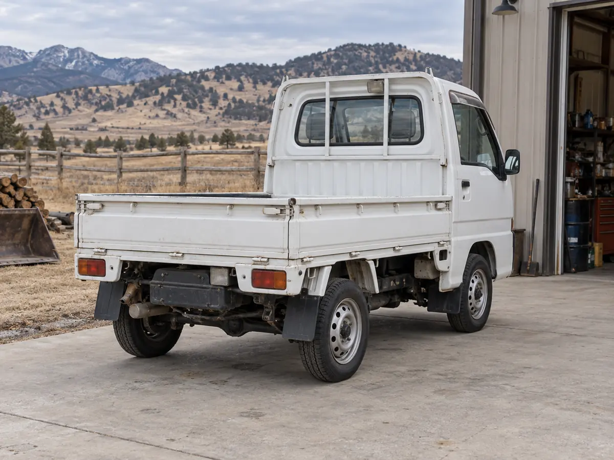 White Japanese kei truck viewed from the rear beside a workshop for condition review