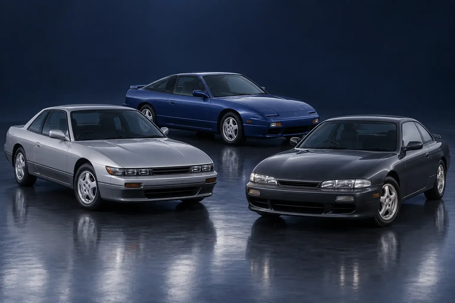 Nissan Silvia S13, S14 and 180SX coupes grouped together, illustration