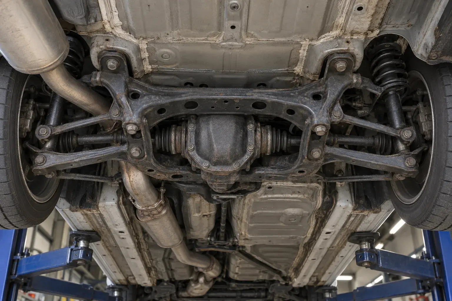 Rear-wheel-drive subframe and multi-link suspension inspection beneath a Japanese coupe