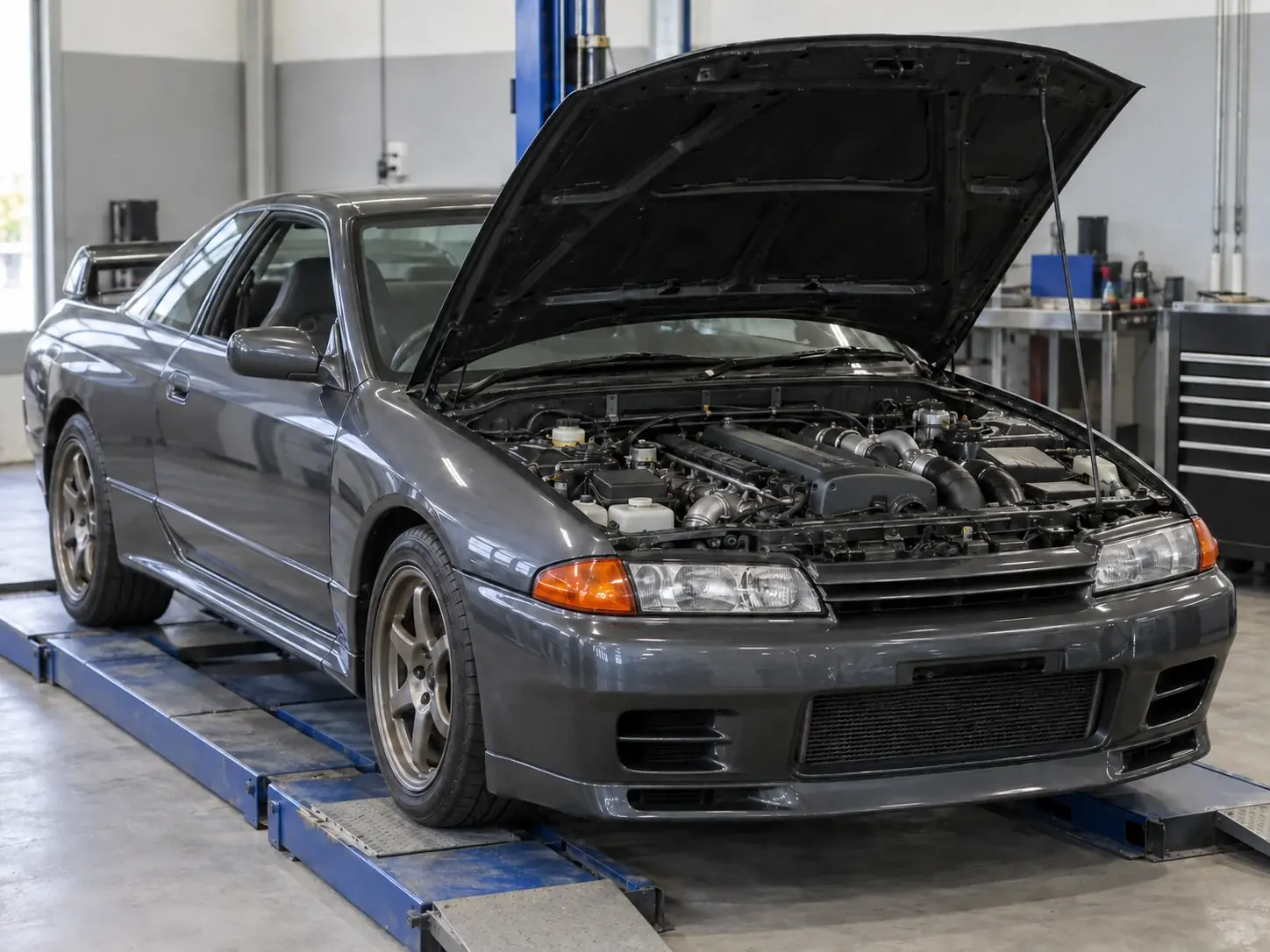 Nissan Skyline R32 GT-R engine bay and workshop inspection