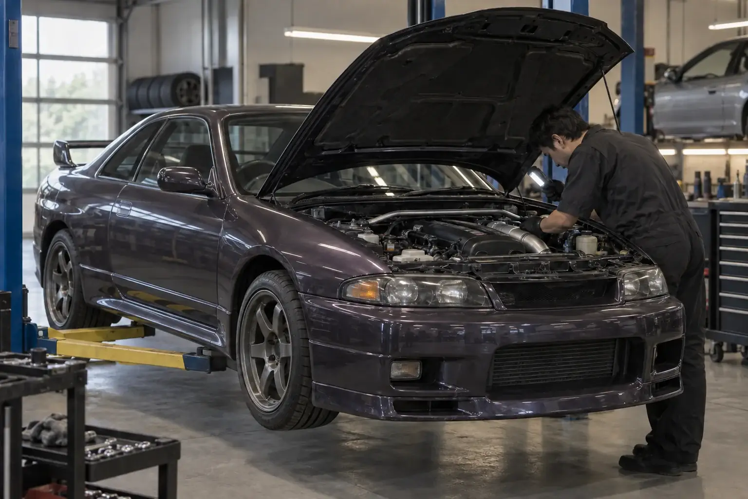 Nissan Skyline R33 GT-R engine bay and workshop inspection