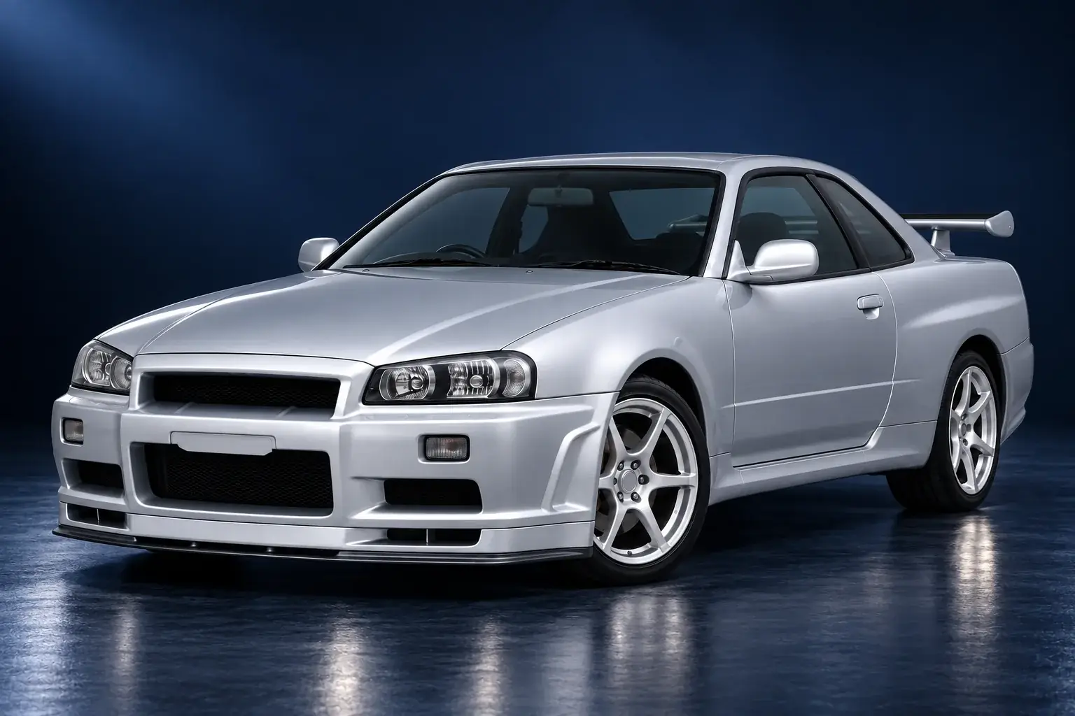 Silver Nissan Skyline R34 coupe, front three-quarter view illustration