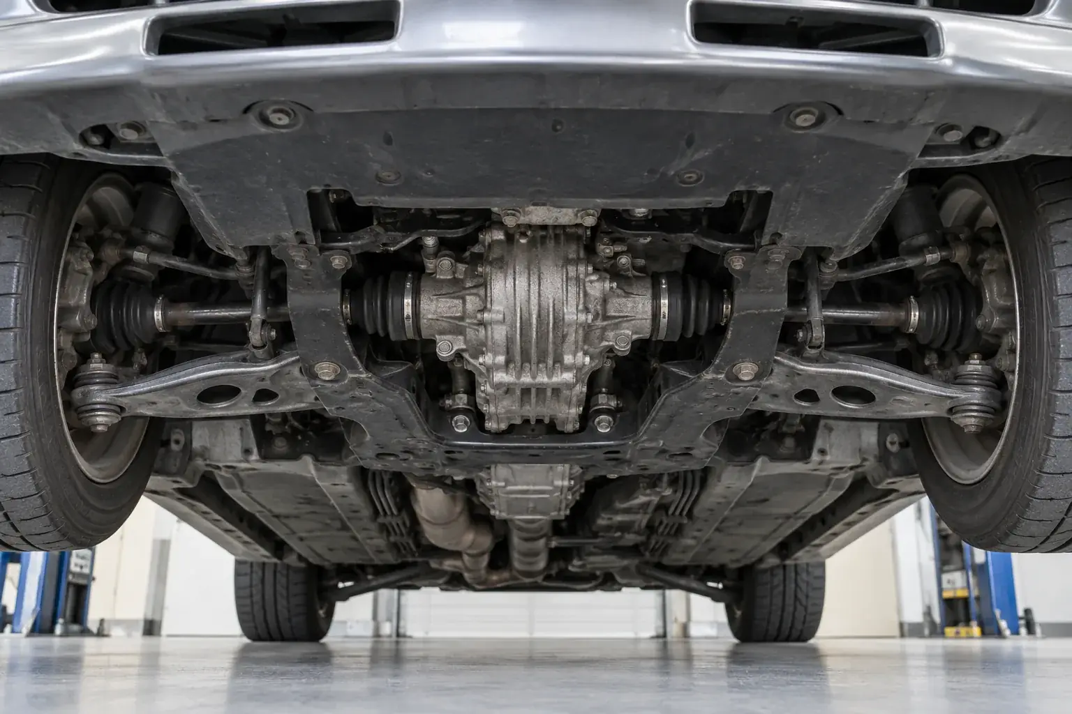 Front all-wheel-drive differential and suspension inspection beneath a performance coupe