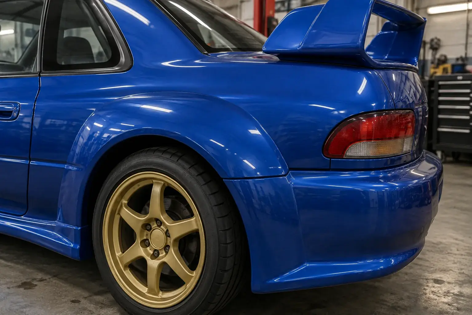Wide rear fender and rear wing mounting inspection on a blue 1990s rally coupe