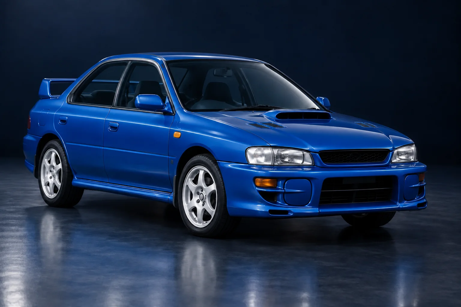 Blue Subaru Impreza WRX STI GC8 sedan, front three-quarter view illustration