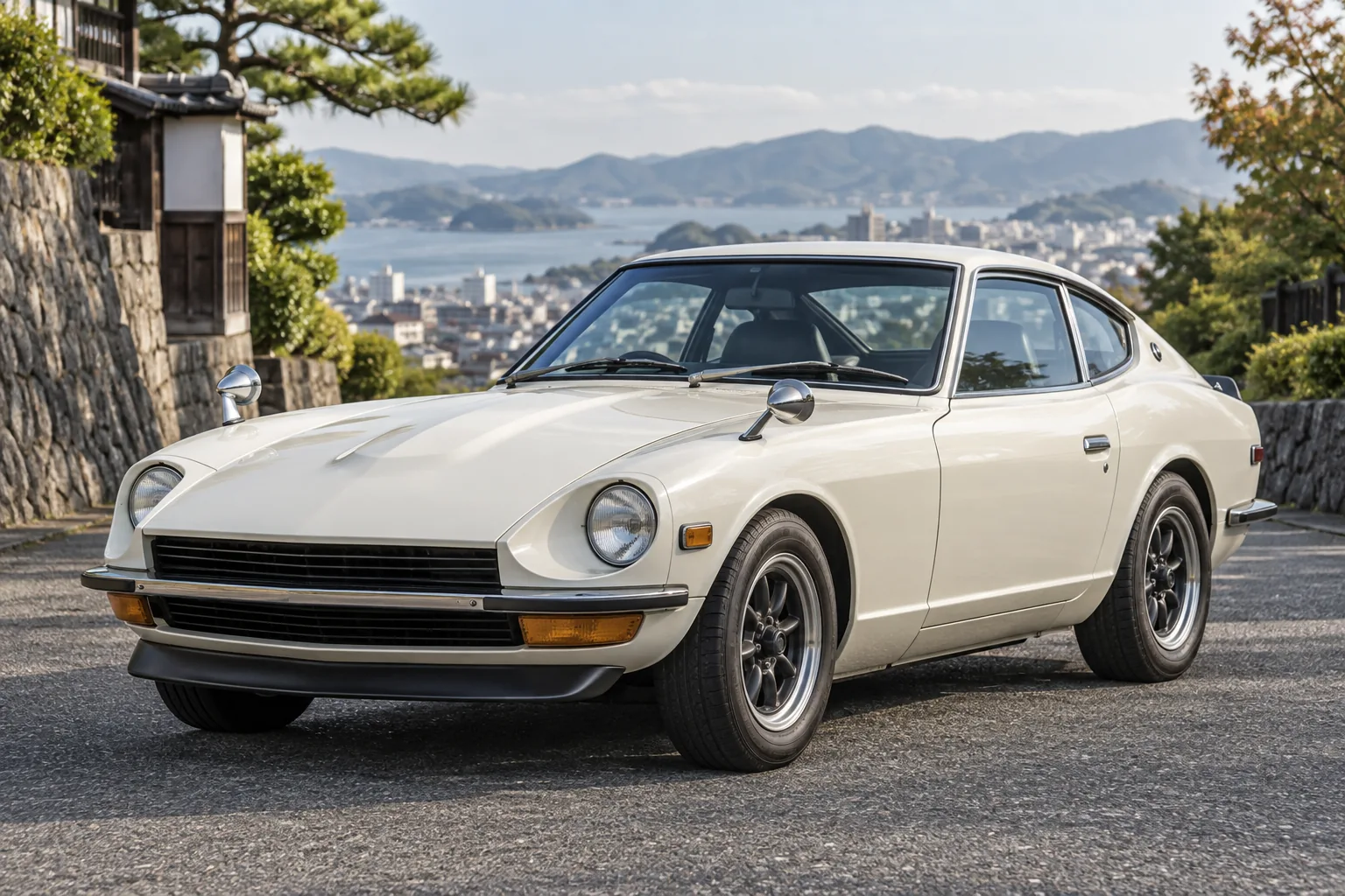 Classic Japanese cars — illustration of an S30-generation Japanese sports classic.