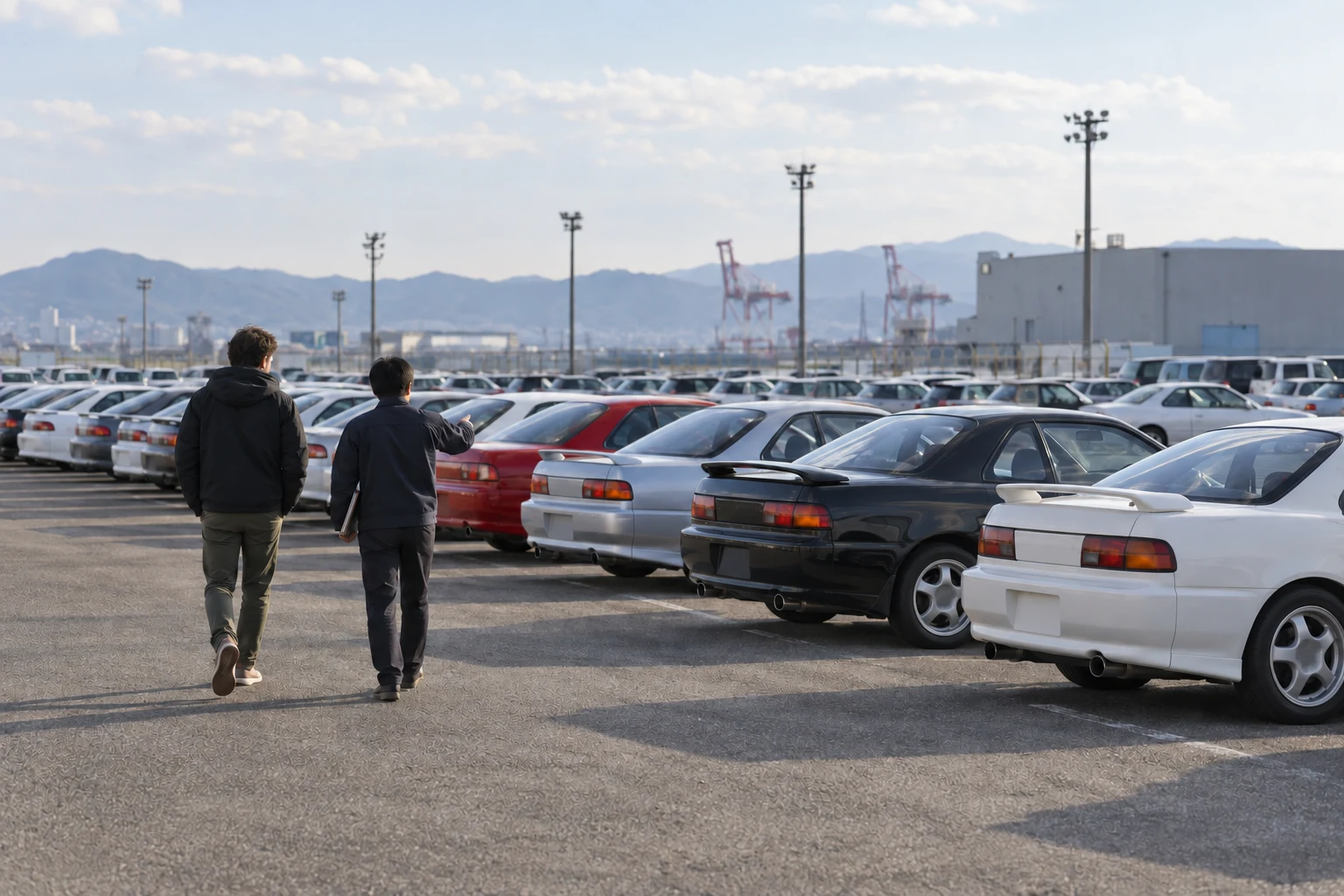 Japan car auction tour — illustration of a guided visit to a Japanese vehicle yard.
