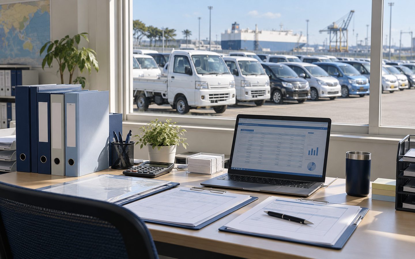 Japan export internship office scene with generic vehicle export paperwork and cars in a yard