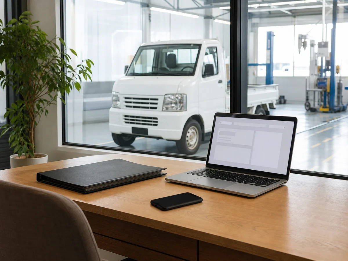 Japanese car import service — vehicle-sourcing desk illustration.