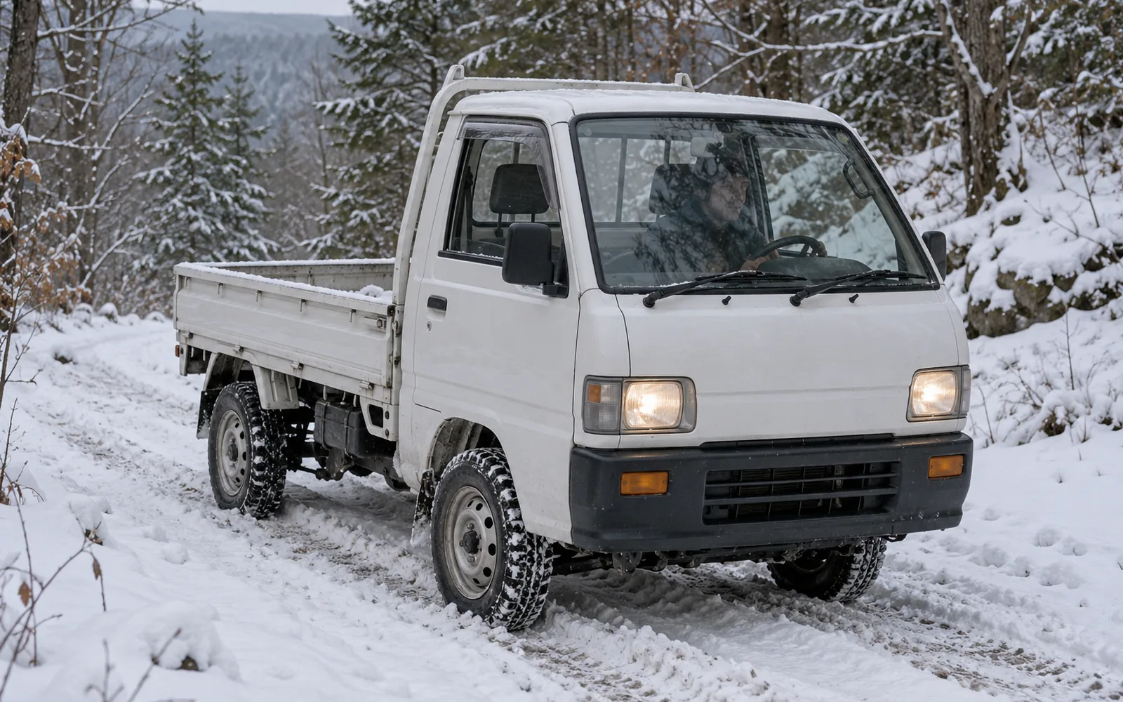 Kei truck 4x4 climbing a snowy forest track at low speed
