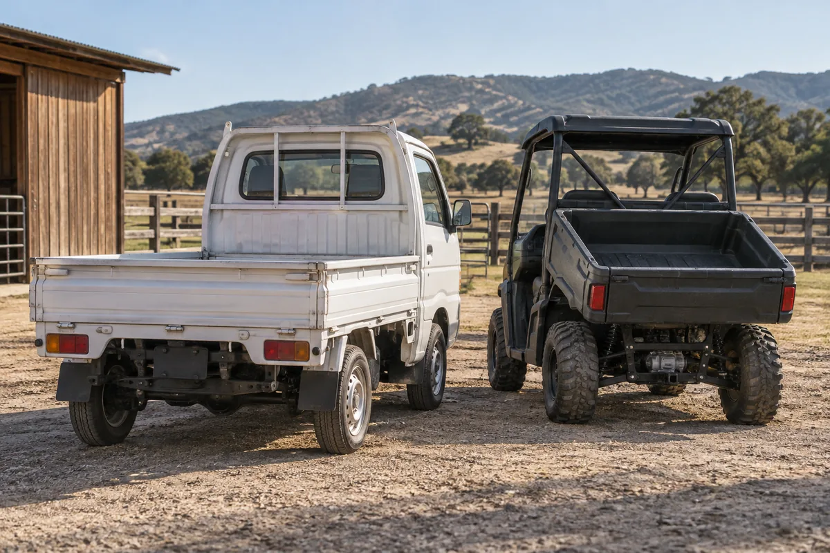 Kei truck flatbed beside a smaller UTV cargo box from behind