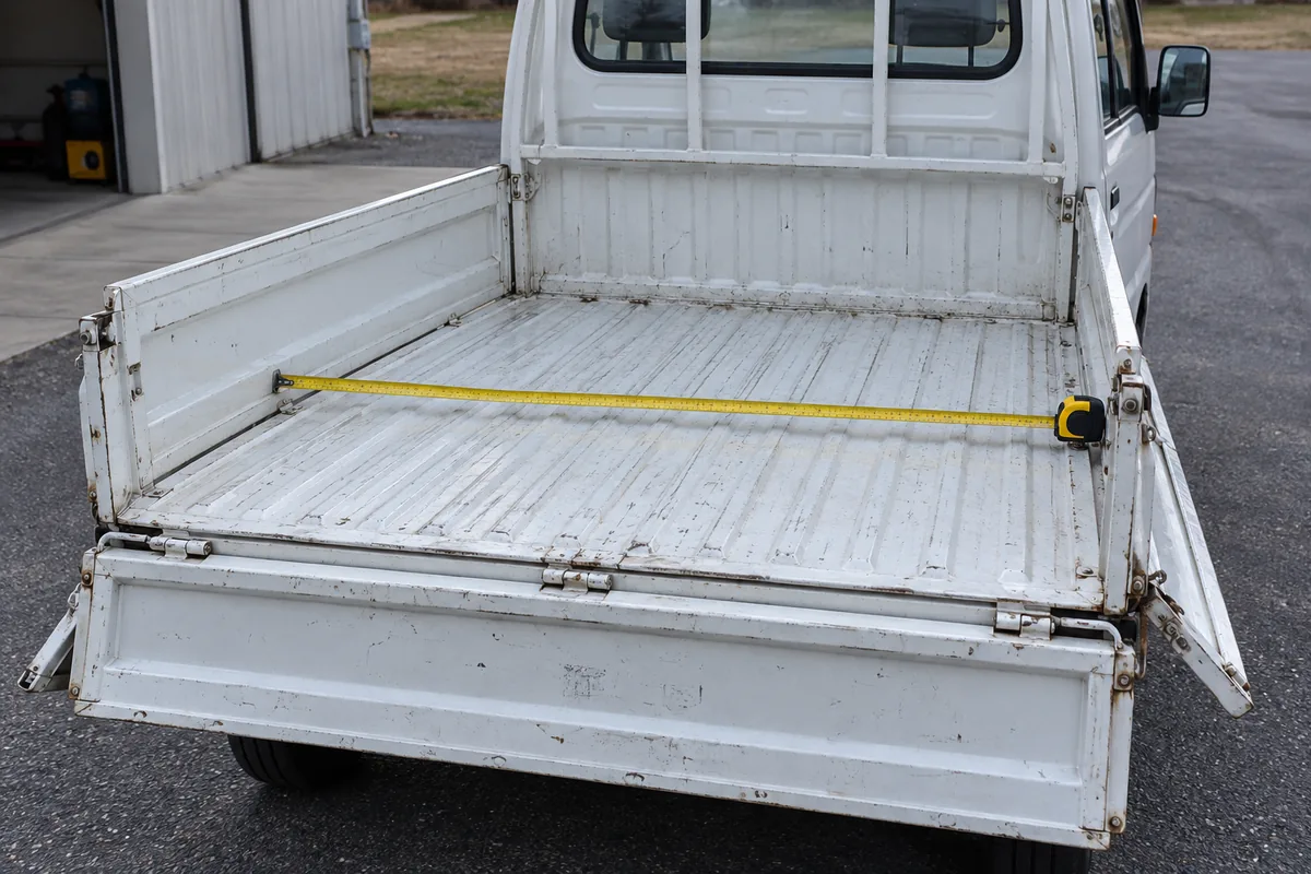 Empty kei truck bed with a tape measure laid across its width
