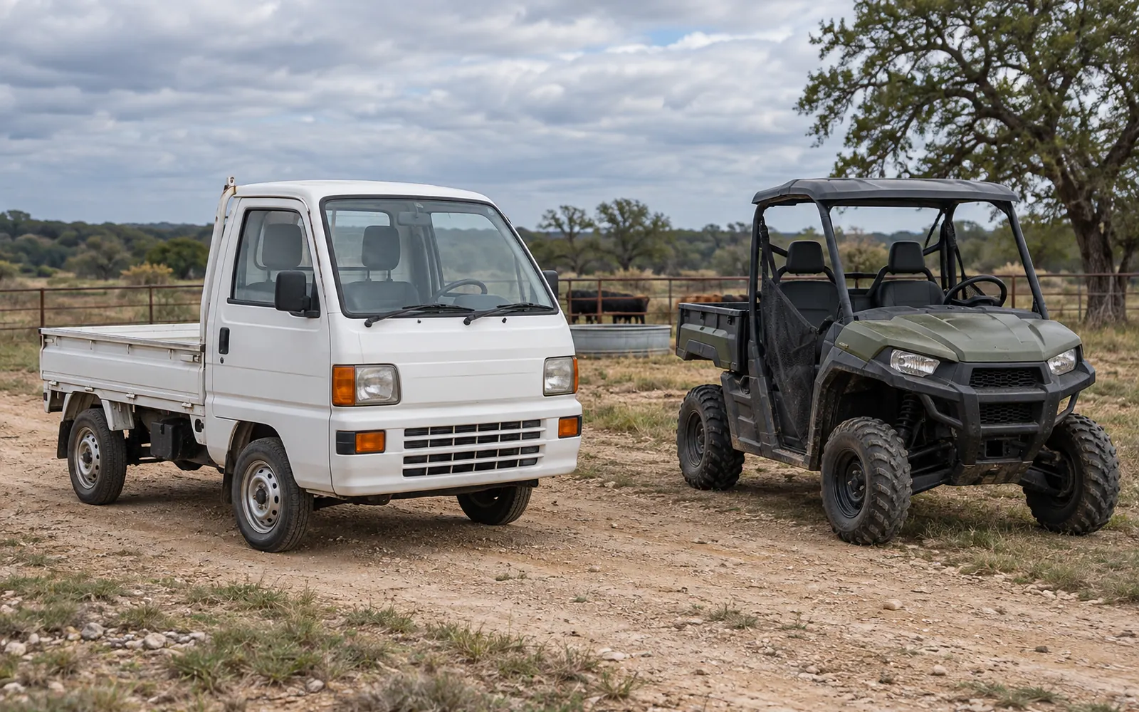Kei truck vs UTV parked on a ranch track, showing enclosed and open cabs