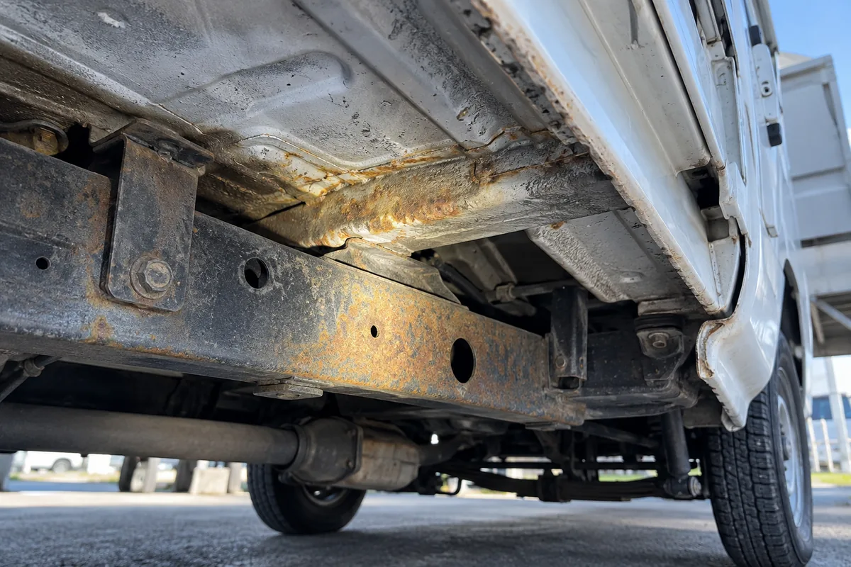 Surface rust at a kei truck frame rail and cab-floor seam