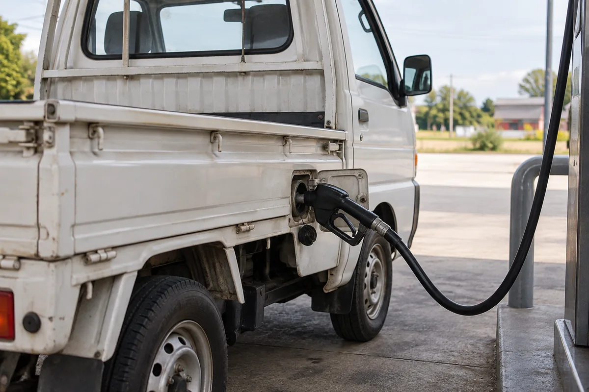 Unbranded pump nozzle in the fuel filler of an older kei truck