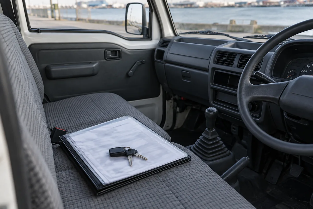 Truck keys and an unreadable document folder on a right-hand-drive bench seat