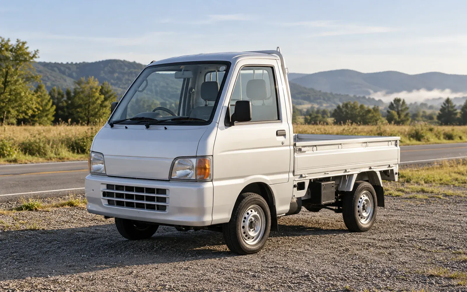 Kei truck laws by state guide showing a compact Japanese pickup at a U.S. roadside pull-off