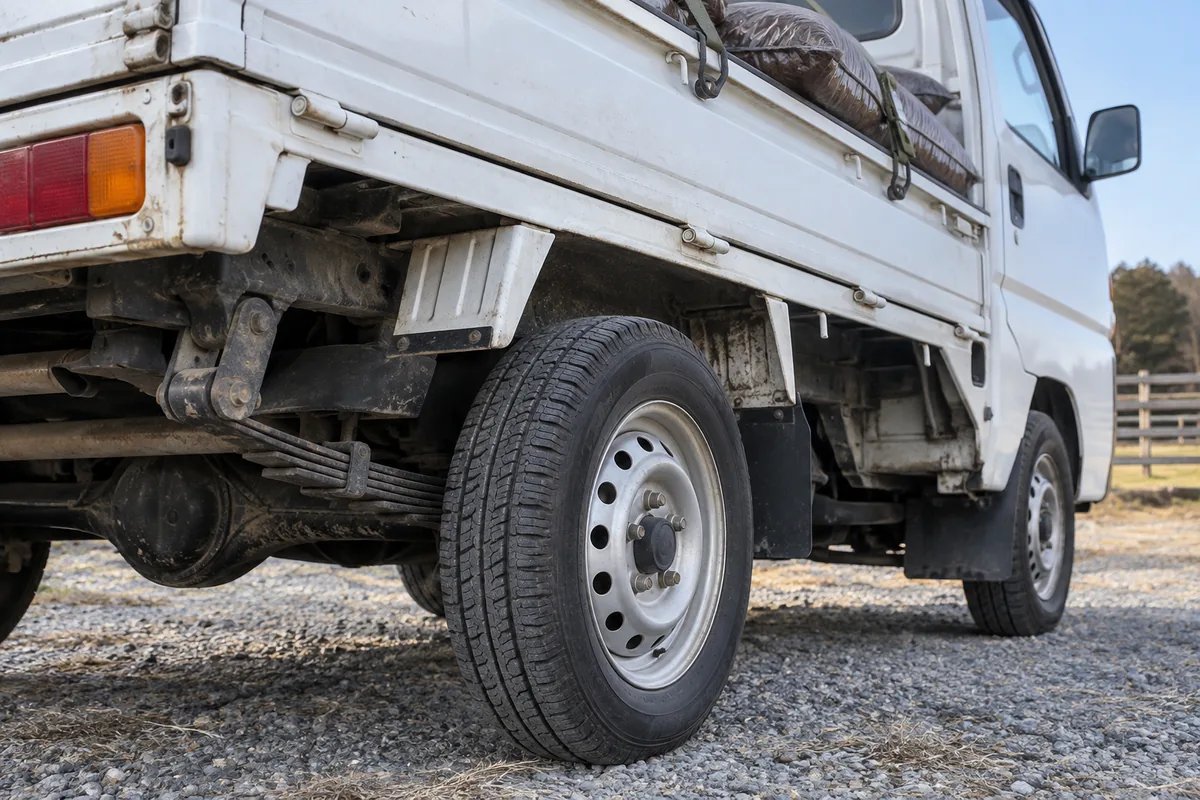 Loaded kei truck rear axle with tire, leaf spring and shackle visible