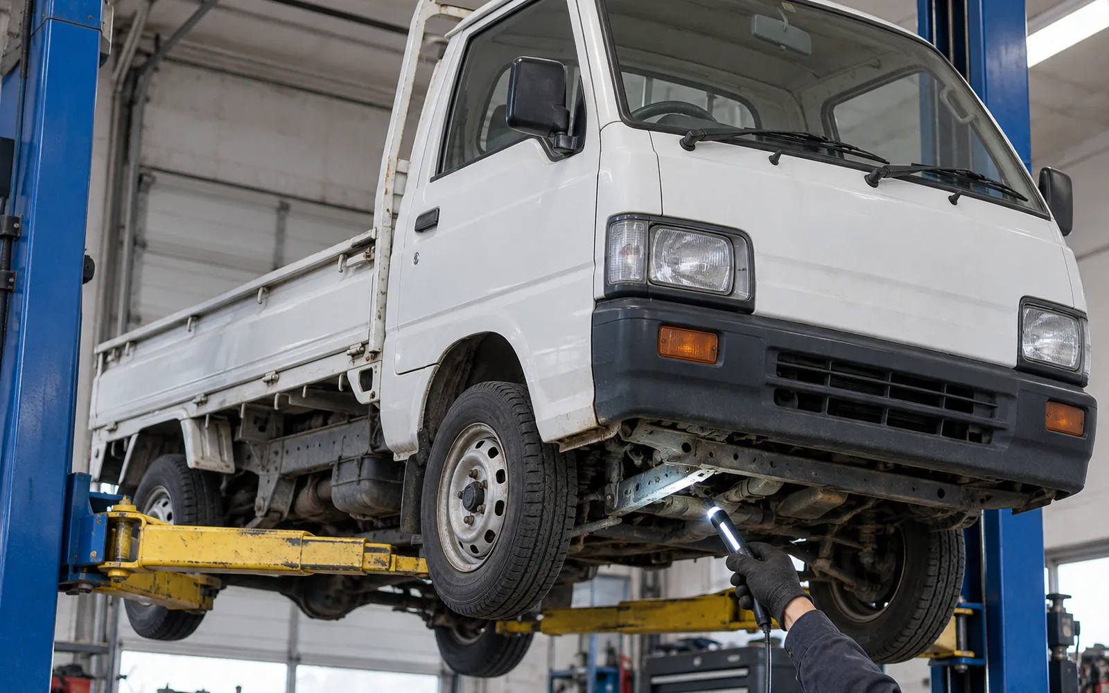 Kei truck reliability inspection with an older truck raised on a workshop lift