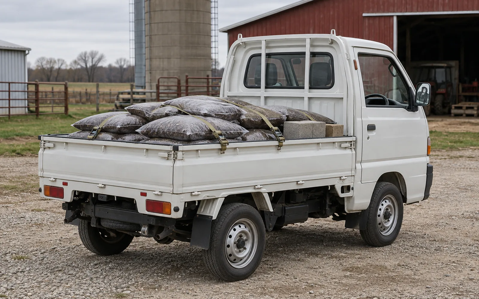 Kei truck payload capacity shown by a truck carrying mulch bags and blocks