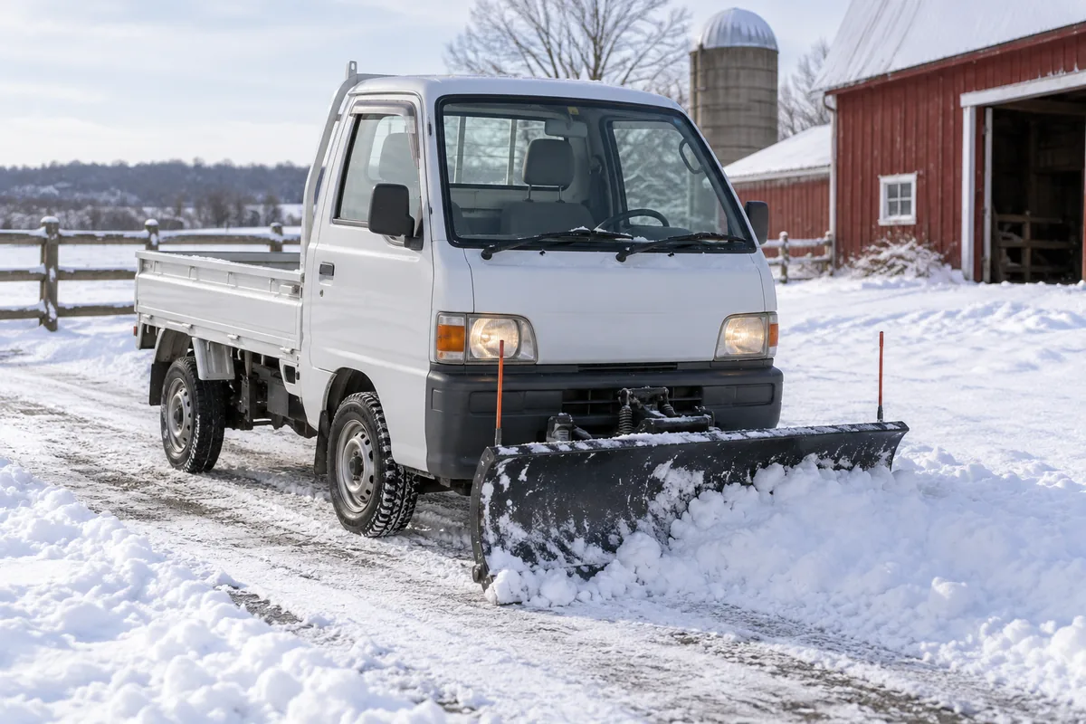 Compact snow plow mounted to a kei truck on a farm driveway