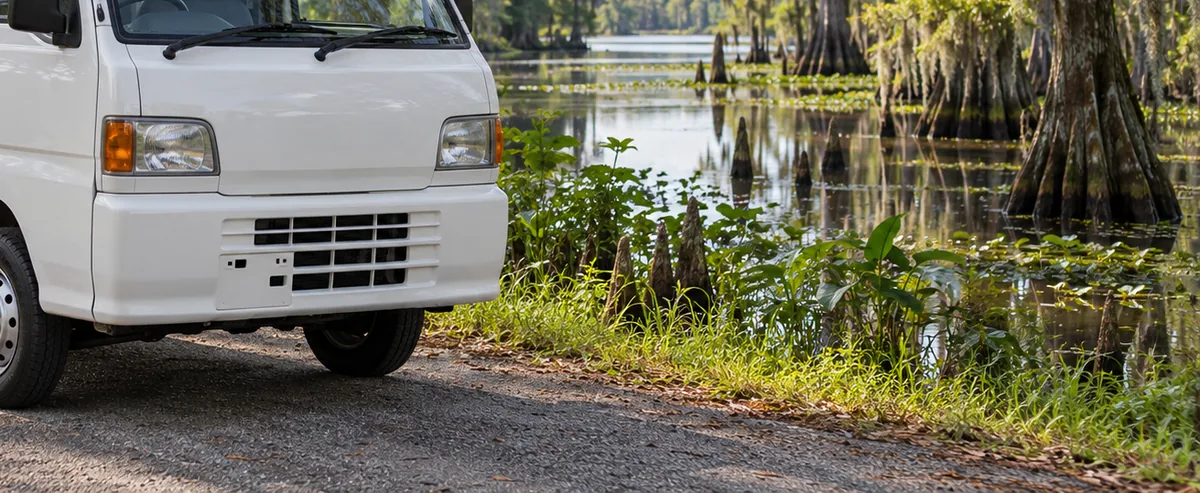 Exterior kei truck lighting, mirror and bed detail for Louisiana equipment checks