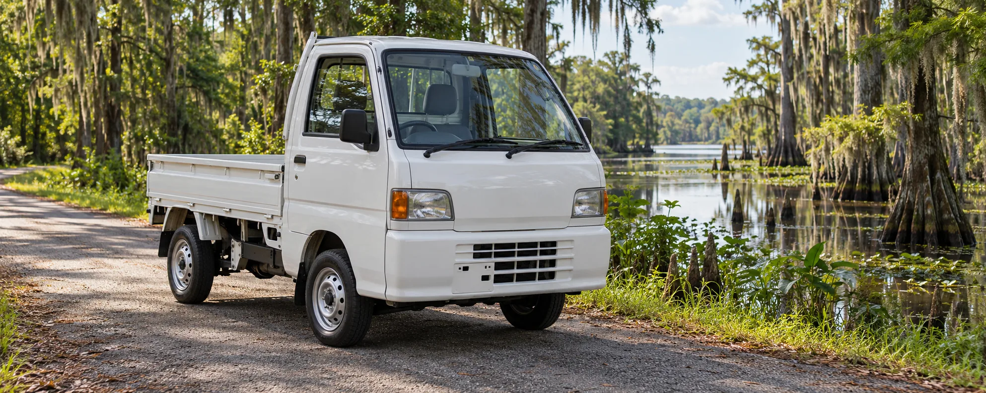 Are kei trucks legal in Louisiana? Plain Japanese mini pickup on a quiet bayou road