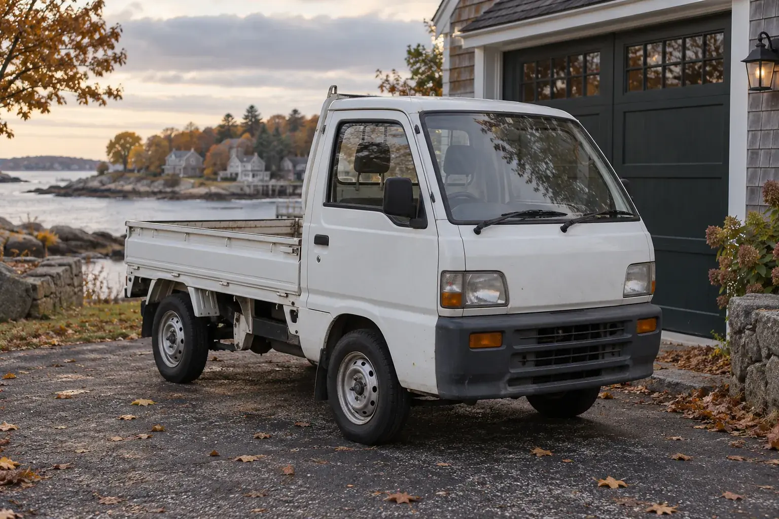 Are kei trucks legal in Massachusetts? A compact pickup parked on a coastal home driveway