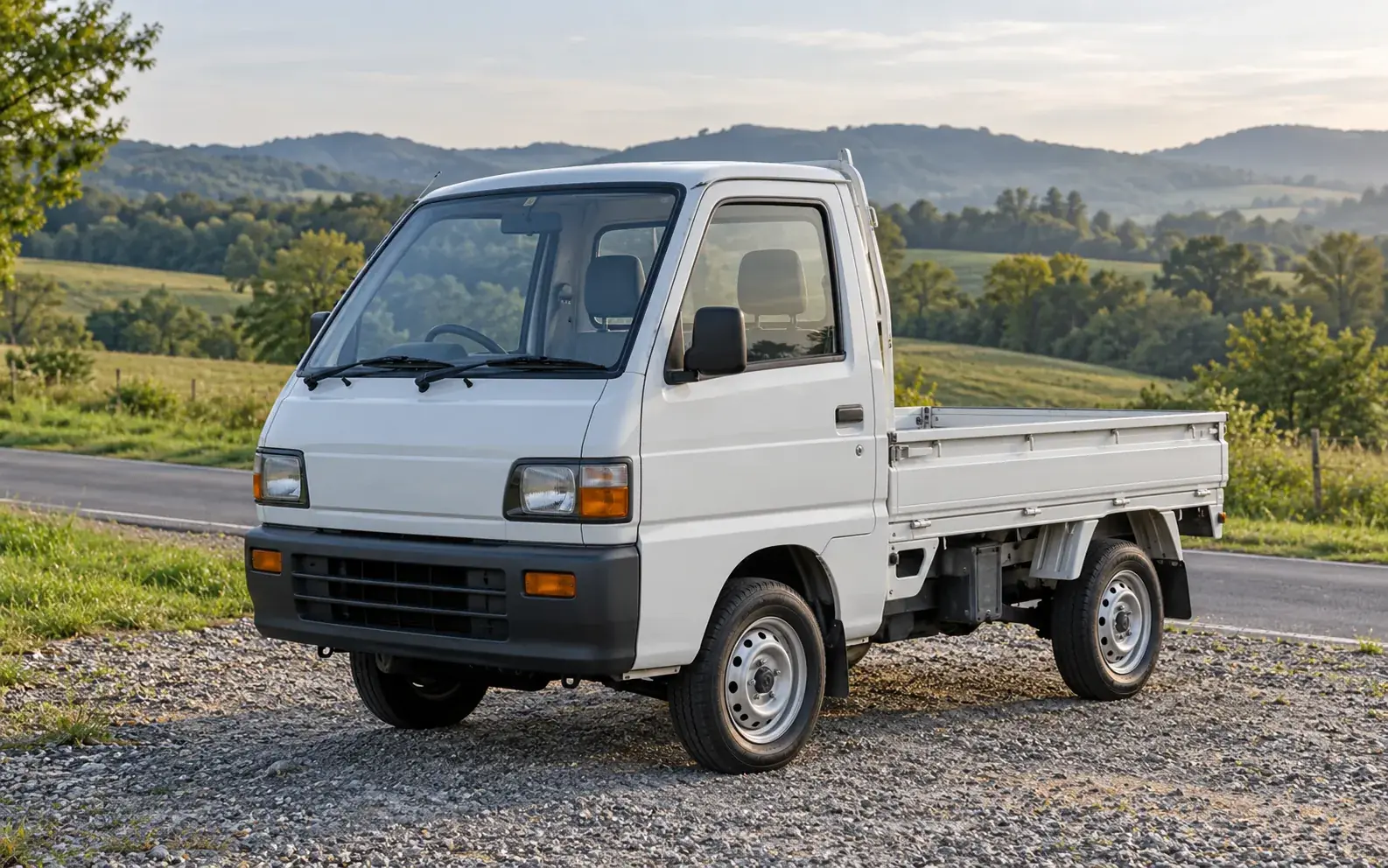 Are kei trucks legal in North Carolina? A compact pickup parked at a rural roadside pull-off