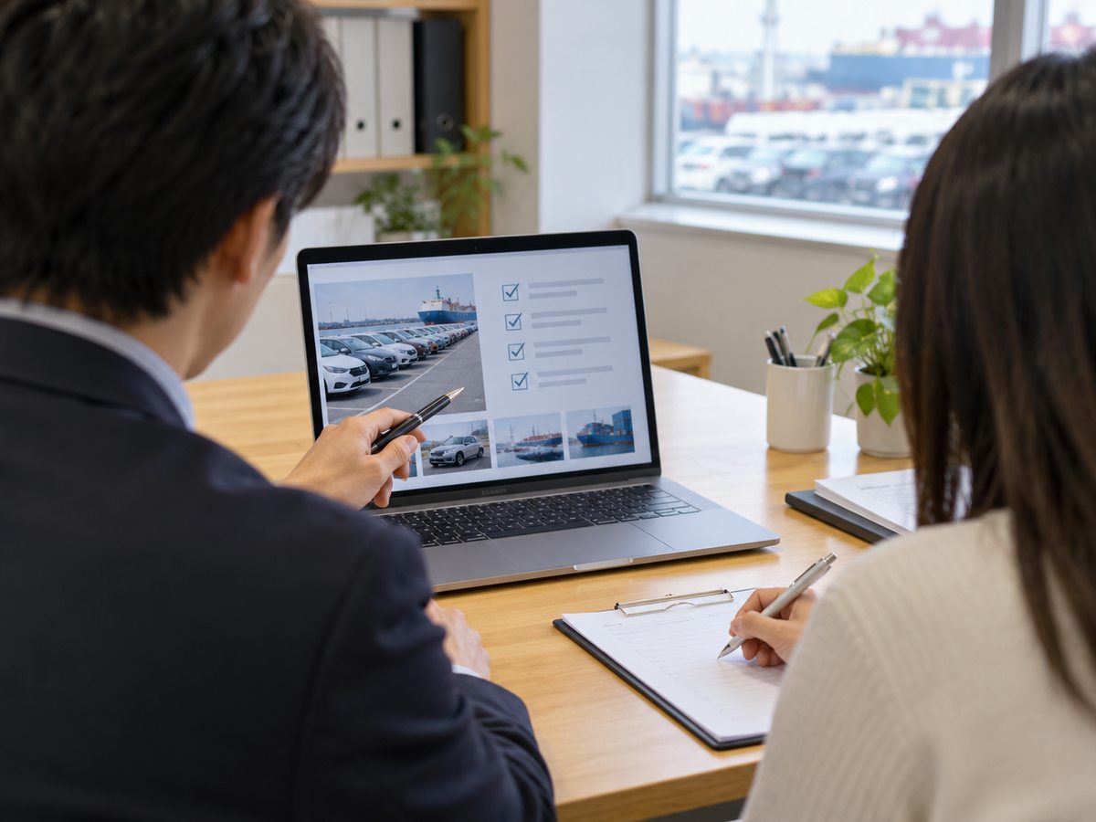 Illustrative supervisor and intern reviewing generic export records without identifiable faces