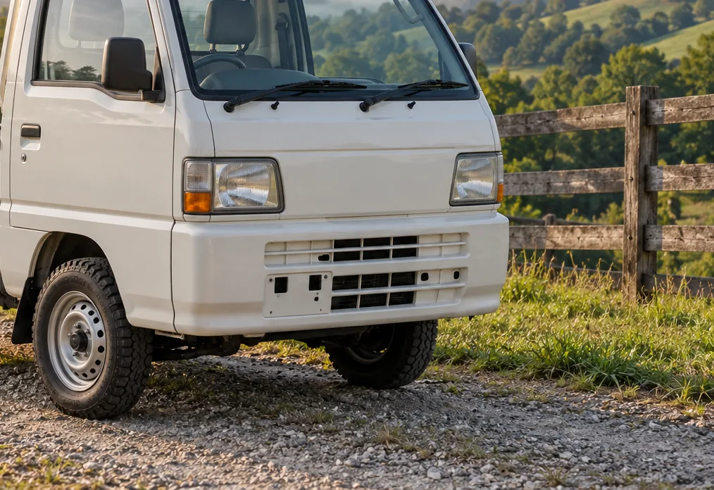 Plain kei pickup exterior showing bed, tires and lighting for Tennessee equipment review