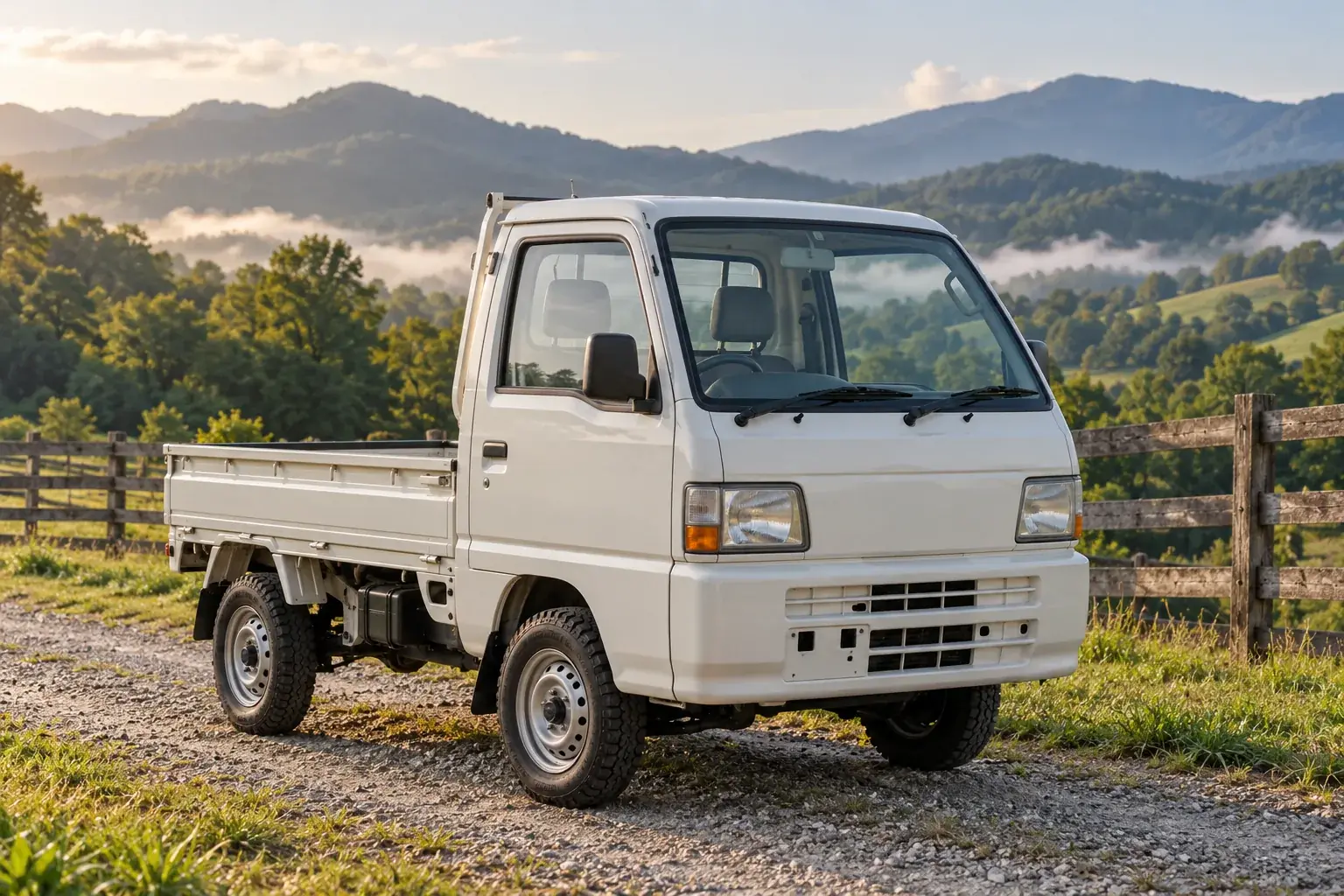 Are kei trucks legal in Tennessee? Plain mini pickup on a farm track for Class I road-use planning