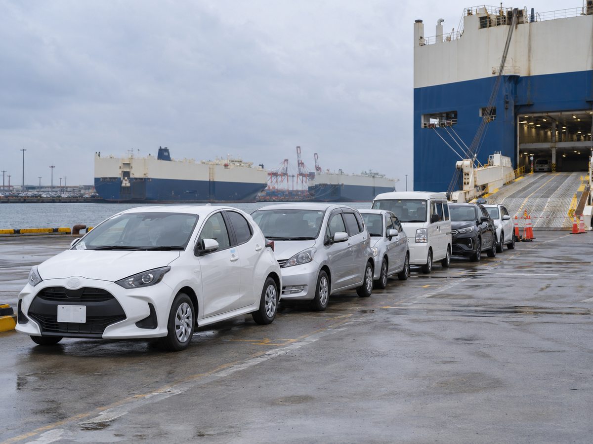 Illustrative Japanese vehicle export yard with compact vehicles near port shipping area