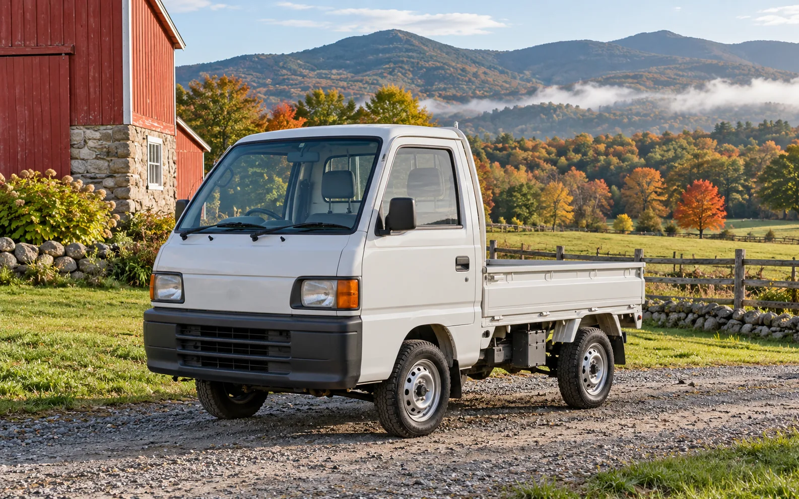 Are kei trucks legal in Vermont? A compact Japanese pickup on a Vermont farm lane